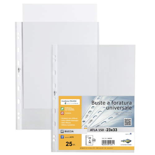 SEI ROTA ATLA BUSTE CON FORATURA UNIVERSALE IN PP BUCCIA D'ARANCIO CM 23X33 TRASPARENTE CONF 25 Pz.